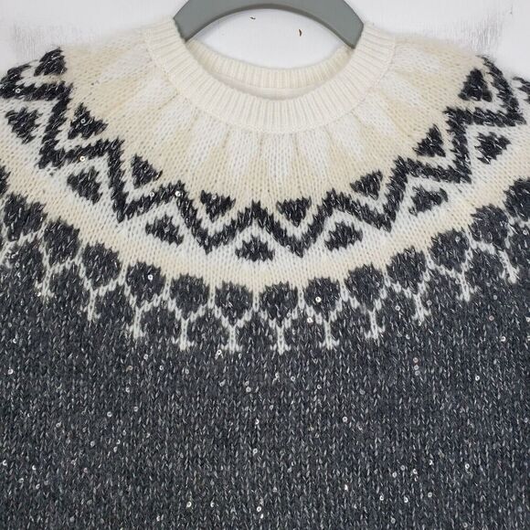 Gap Kids Fair Isle Sweater Sequin Knit Gray Crew Neck Wool Blend Holiday M Girls - Picture 2 of 11